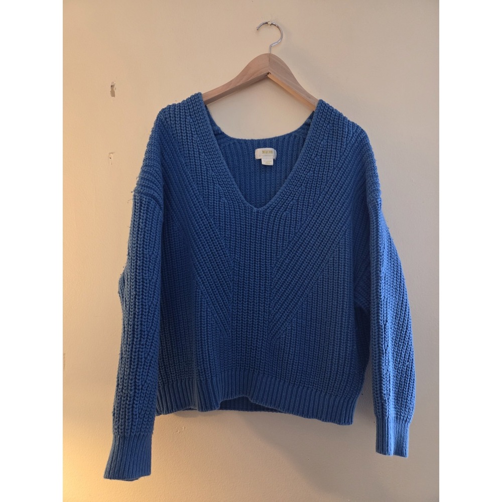 Anthropologie Maeve Blue Sculptured V-Neck Knit Sweater Women's Size Xl
